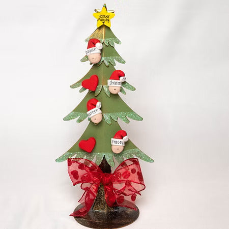 Personalized Family of 4 glitter keepsake tree with named Santa heads